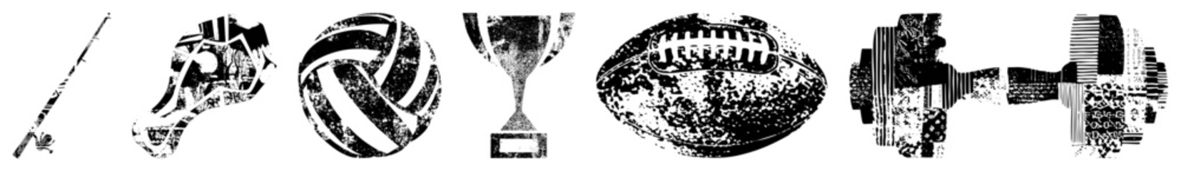 Obraz premium Vintage style sports gear symbols including hockey stick, goalie mask, volleyball, trophy, football, and dumbbell, rendered in gritty halftone texture.