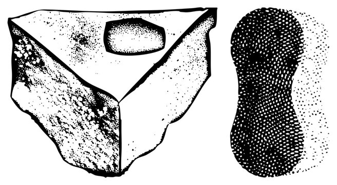 Prehistoric stone tools or ceremonial fragments, textured halftone shading, archaeological relics, primitive craftsmanship, historical relics, ancient relics.