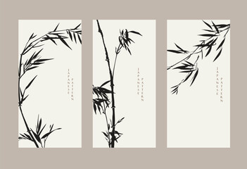 Fototapeta premium set of vector illustration of bamboo leaves branch card design with Chinese painting in traditional style.