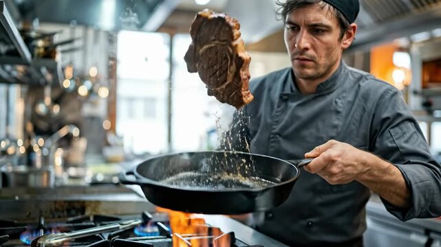Professional male chef searing a ribeye steak with tongs in a cast-iron skillet over a gas flame in a restaurant kitchen, expertly preparing a gourmet meal.
