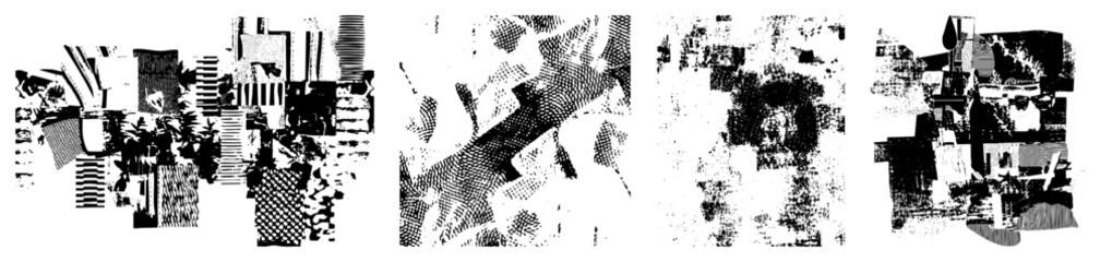 Fototapeta premium Fragmented urban architecture rendered in halftone, abstract city blocks, graphic design elements, vector art composition, black and white urban collage.