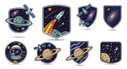 Space Exploration Collection Patches Astronaut Rocket Planets Galaxy. © Janahchan