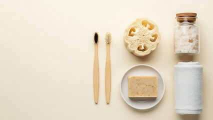 Sustainable bathroom essentials: bamboo toothbrushes, loofah, soap, bath salts