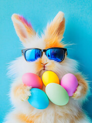 A fluffy bunny in stylish glasses holds bright Easter eggs in its paws against a light blue studio background, creating a cheerful holiday composition