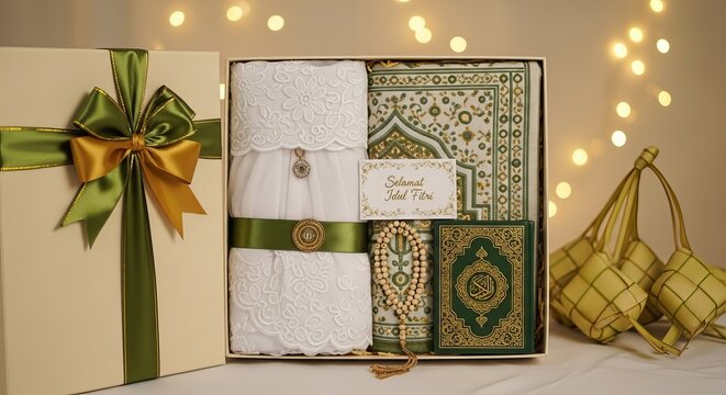 an elegant Islamic gift hamper, or hampers, meticulously arranged in a cream-colored box with a sophisticated green and gold bow, set against a warm, bokeh-lighted background.