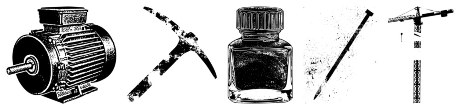 Set of five black and white vector electric motor, pickaxe, inkwell, fountain pen, and crane., technical, isolated, glyph style.