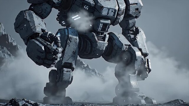 Massive gray science fiction mech stands on a rocky terrain with fog and mountains in the background cinematic CGI animation with blue digital accents and volumetric lighting