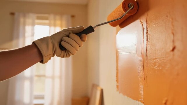 Home interior renovation with hand painting wall using orange paint roller in natural light