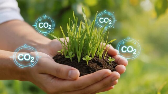 Hands holding soil with green seedlings and CO2 icons representing carbon absorption and environmental sustainability