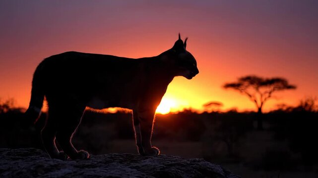 Silhouette of caracal cat at dusk sunset in nature, wildlife animal background.