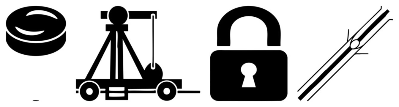 Black and white vector hockey puck, catapult, padlock, and ruler. Simple shapes for digital interfaces, UI design, or graphic elements. Flat design with clean.