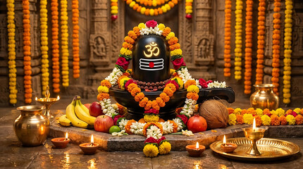 Divine shiv lingam surrounded by fresh fruits flowers and lamps in a temple setting for mahadev puja during the auspicious occasion of maha shivratri festival Shivling