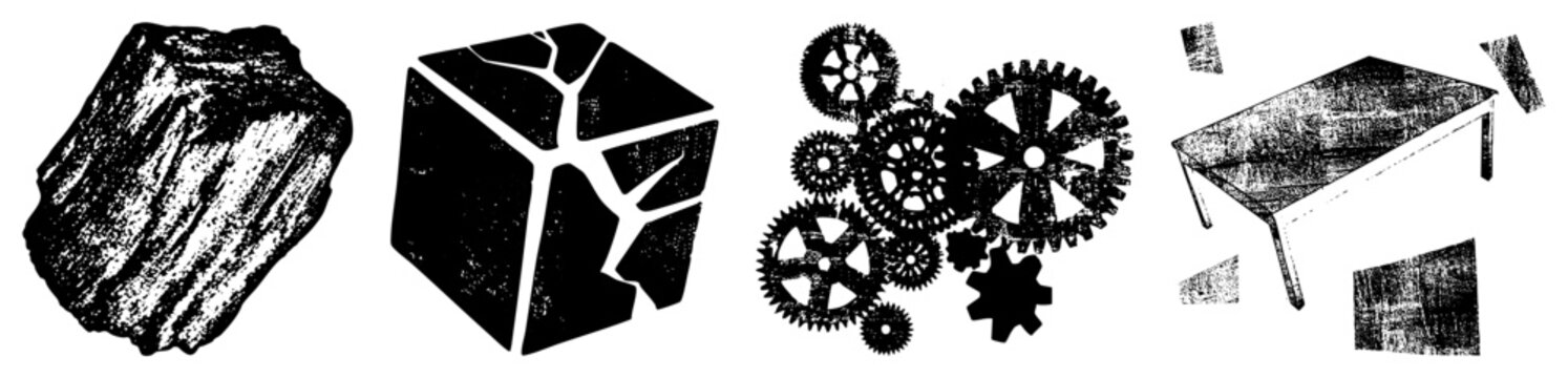 Vector featuring cracked cube, textured rock, interlocking gears, and broken table with distressed grain, minimalist black and white, abstract industrial design.