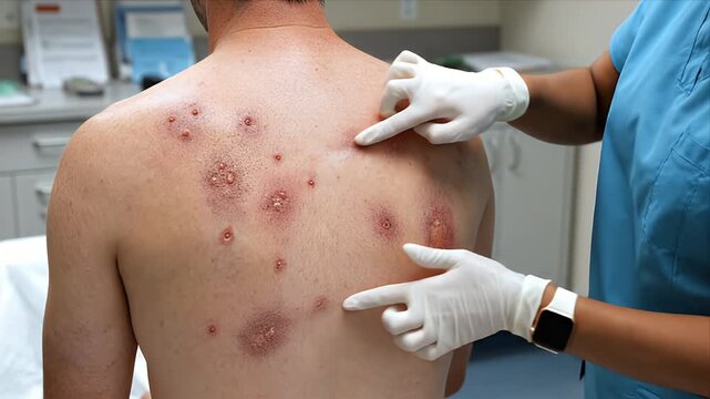 Medical Examination of Adult Male Back with Skin Irritation and Lesions by Healthcare Professional