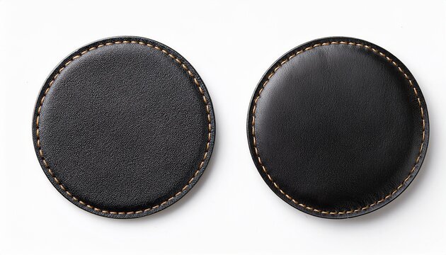round black blank leather patch or coaster with stitches isolated on white background for branding mockup