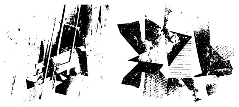 Fragmented black and white graphic forms with distressed textures, halftone shading, and sharp angular geometry, ideal for modern design compositions.