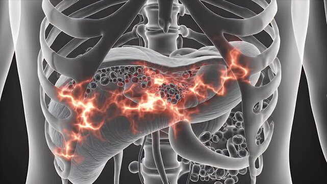 Microscopic 3D Animation Of Blood Cells Flowing Through Arteries With Red Light Effects Symbolizing Inflammation or Disease