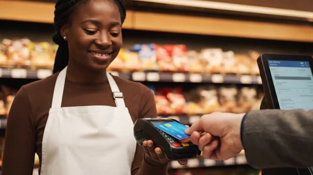 Friendly African American Female Cashier Processing a Contactless Credit Card Payment at a Supermarket Checkout