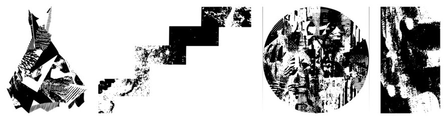 Obraz premium Fragmented black and white graphic forms with halftone shading, abstract composition, vector art, modern design, digital illustration.