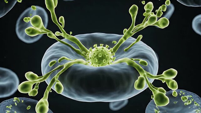 Microscopic 3D medical animation of virus infecting red blood cells in circulating bloodstream showing cellular rupture and viral replication for disease awareness and scientific research