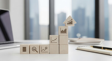 Obraz na płótnie Canvas A miniature house on stacked blocks with graphs and charts on a modern office desk with city view