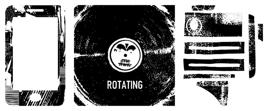 Stylized vinyl record spinning with gritty texture, flanked by smartphone, retro tech fusion, glitch art, digital analog mashup.