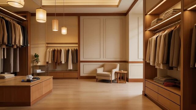 Elegant modern walk-in closet with wooden shelves and neutral colored clothing for stylish home organization
