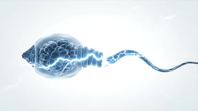 Microscopic view of a human sperm cell undergoing fertilization with intricate cellular detail and dynamic movement in a clean white background scientific concept visualization