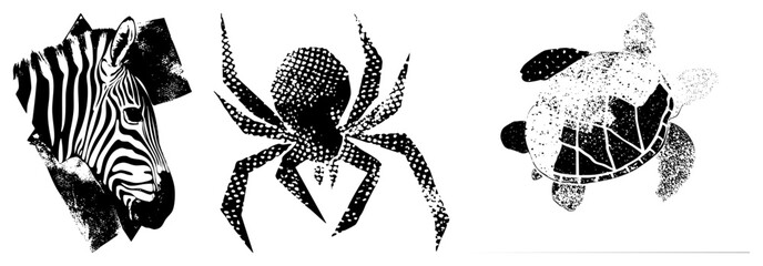Fototapeta premium Black and white animal cutouts using halftone zebra stripes, spider legs, turtle. Isolated vector art for graphic design, tattoos, or print.