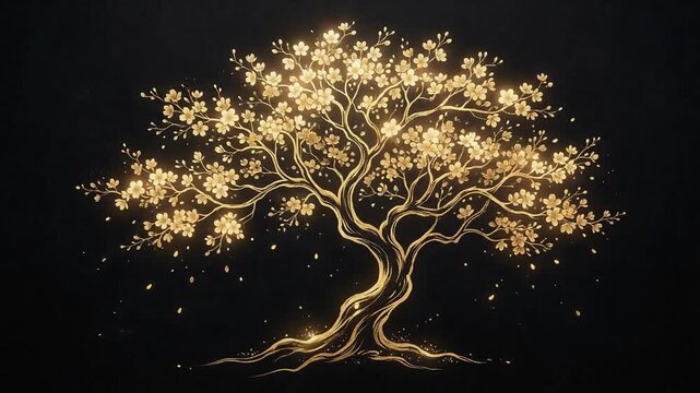 金インク描画桜日本風景アニメーション動画