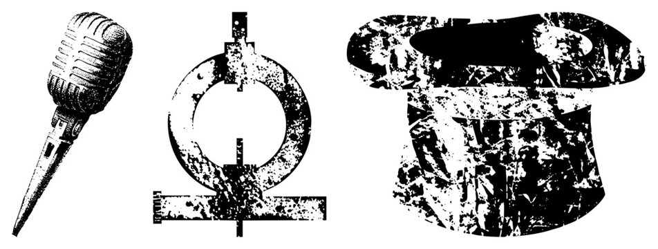 Retro microphone, omega sign, magician&rsquo;s top hat stylized black and white vector with distressed texture. Classic symbols for entertainment, science, and illusion.