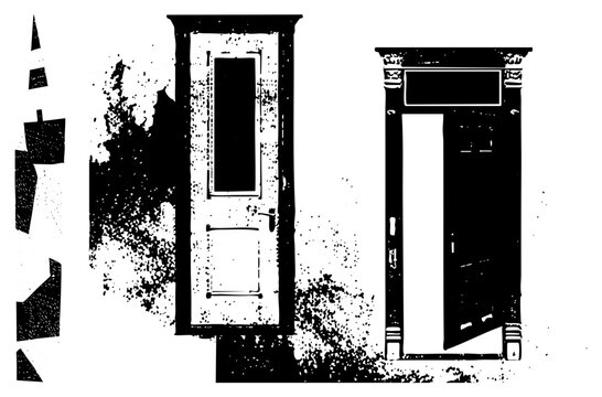 Classic architectural doors with ornate frames, entryways, historic door designs, black and white vector illustration, halftone texture.