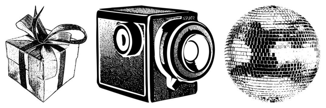 Retro gift wrapped in ribbon, vintage box camera with lens, disco ball mirror tiles classic vector illustrations, halftone texture, isolated.
