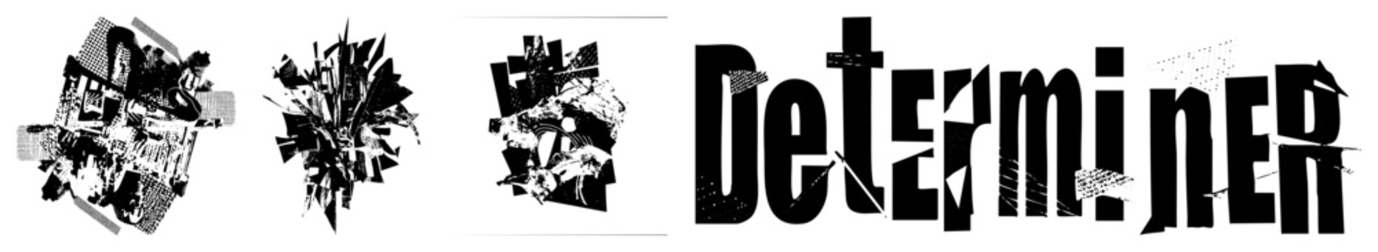 Stylized word "Determiner" with shattered geometric fragments, halftone textures, bold sans serif, graphic design, typography art, vector cutout.
