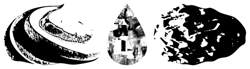 Obraz premium Stylized vector with halftone textures, curved wave forms, water droplet silhouette, and irregular organic design with high contrast.