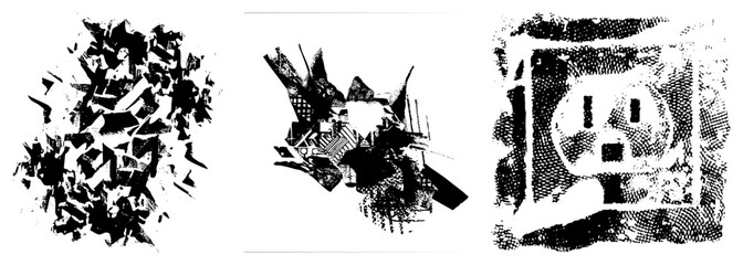 Fototapeta premium Black and white vector graphic with fragmented shapes, halftone texture, abstract composition, isolated design elements, stylized chaos, digital print aesthetic.