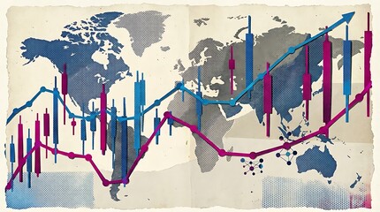 Trendy halftone collage global stock market charts, world map background, financial growth and decline, trading data, represents