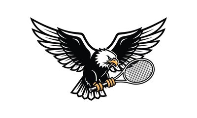Fototapeta premium Bald eagle mascot holding tennis racket with spread wings vector design
