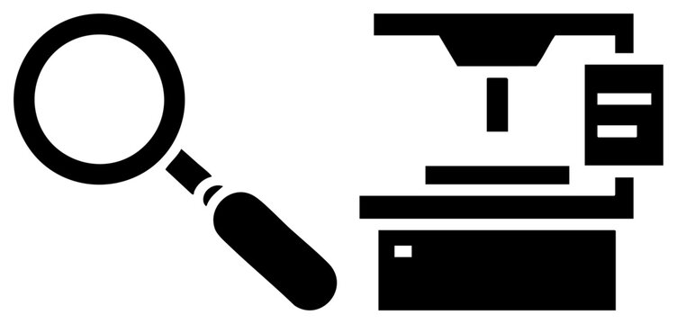 Black magnifying glass inspecting stacked folder, document analysis tool, research, file inspection symbol, digital archive, information scrutiny, data review graphic.