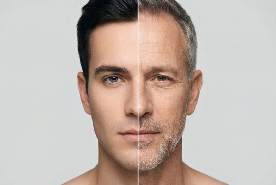 Man's face split vertically, comparing a youthful, smooth skin side with a more mature, wrinkled side, illustrating the concept of aging and age progression