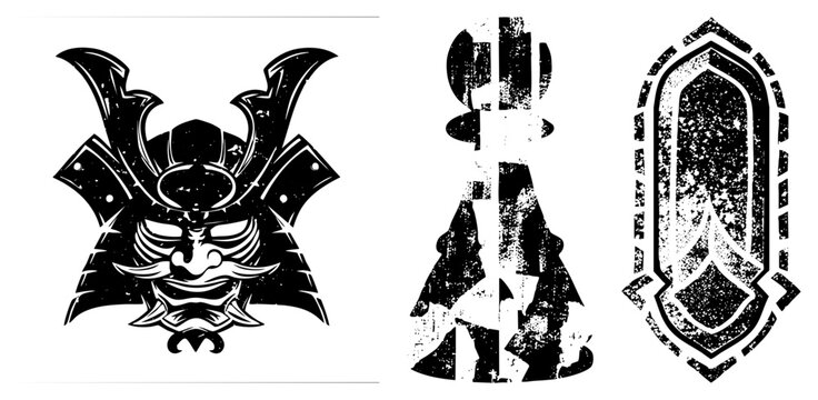 Stylized samurai helmet, battle spear, and ornate gothic shield, distressed vector, warrior symbols, medieval.