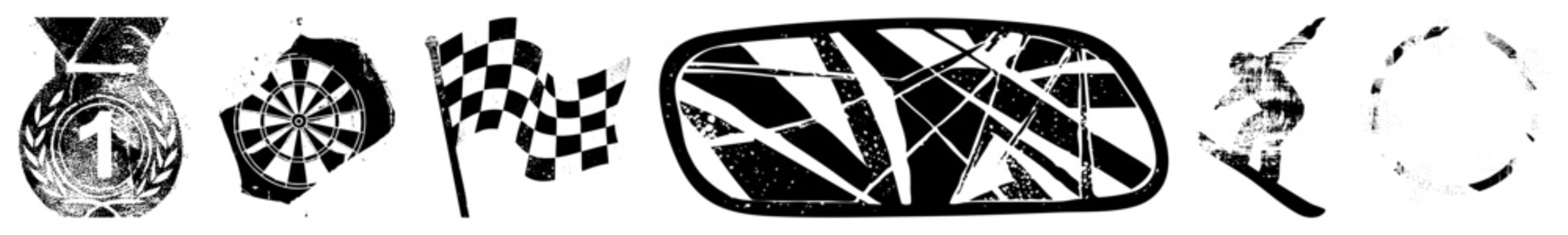 Retro checkered flag, dartboard, ski jumper, cracked car mirror, trophy medal gritty vector for sports, gaming, and competition themes. Grunge texture,, isolated symbols.