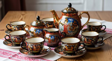Fototapeta premium A vibrant tea set with intricate designs and a rich color palette, featuring a variety of characters and scenes from different cultures.