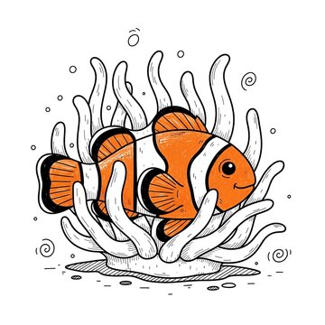 Cute Clownfish Swimming in Anemone Cartoon Illustration.