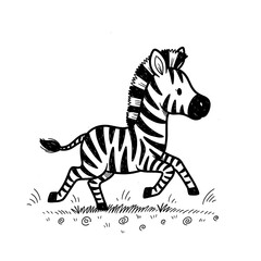 Obraz premium Cute cartoon zebra running in grass.
