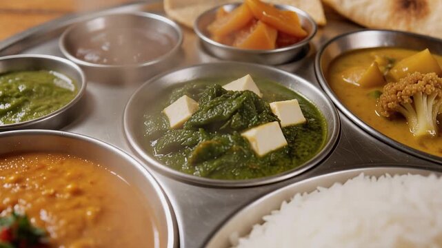 Traditional Indian vegetarian thali with rice paneer spinach curry dal and assorted chutneys