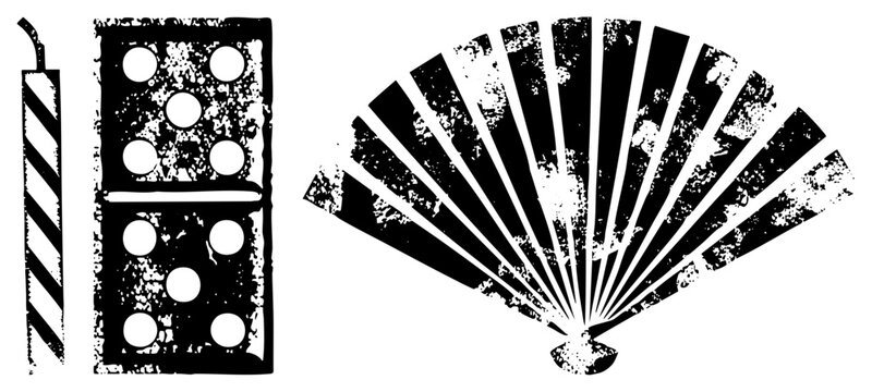 Classic game tile with pips, ceremonial fan, retro graphic, design, textured vector art, stylized symbols, cultural.