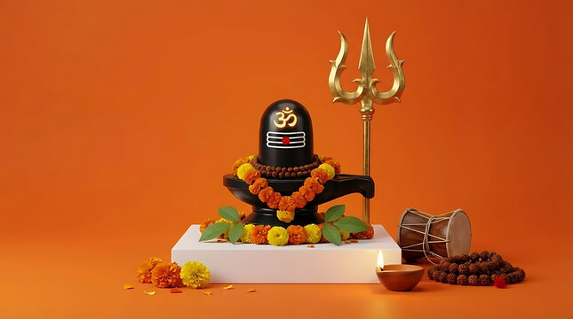 Beautiful shiv lingam placed on a white pedestal with mahadev trishula damru and glowing diya on orange background for the holy festival of maha shivratri