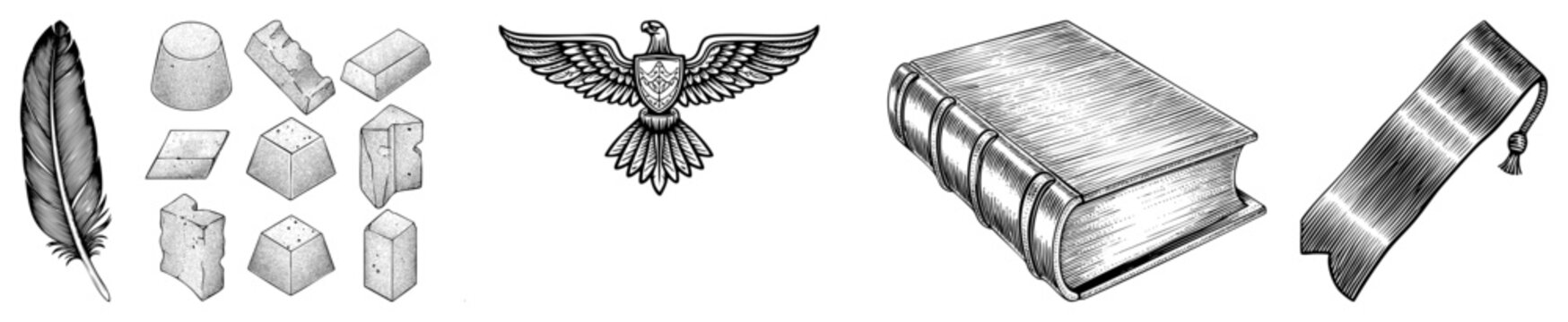 Scholarly emblem set featuring quill pen, ancient stone fragments, eagle, leather bound book, and decorative bookmark classic academic for education, history, and research.