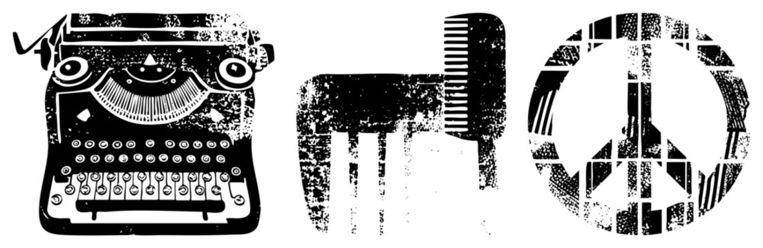 Retro typewriter with keys, vintage hair comb, peace symbol, distressed black and white vector, graphic design elements, stencil texture, nostalgic aesthetic.